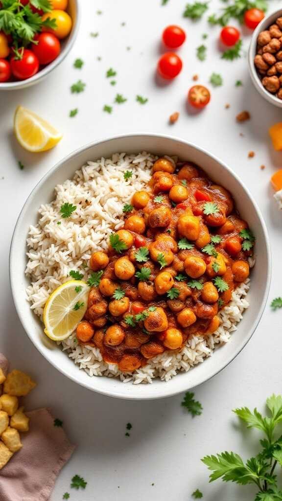 A bowl of Chana Masala served over rice with cilantro and lemon.