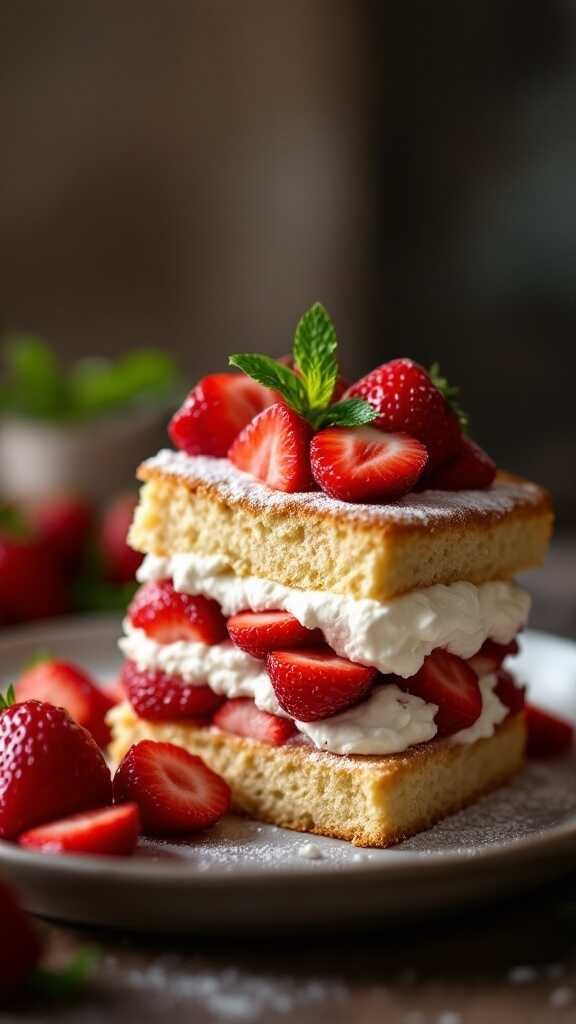 A delicious strawberry shortcake layered with fresh strawberries and whipped cream