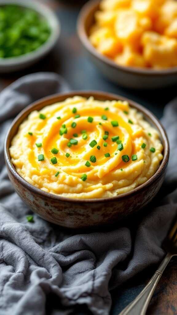 Bowl of cheddar and chive cauliflower mash garnished with chives