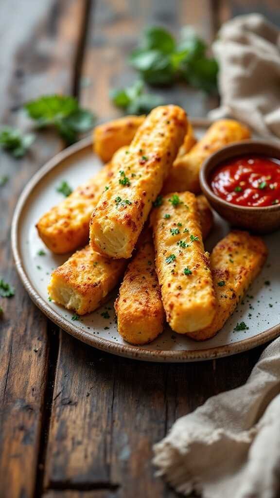 Plate of cheesy breadsticks served with marinara sauce