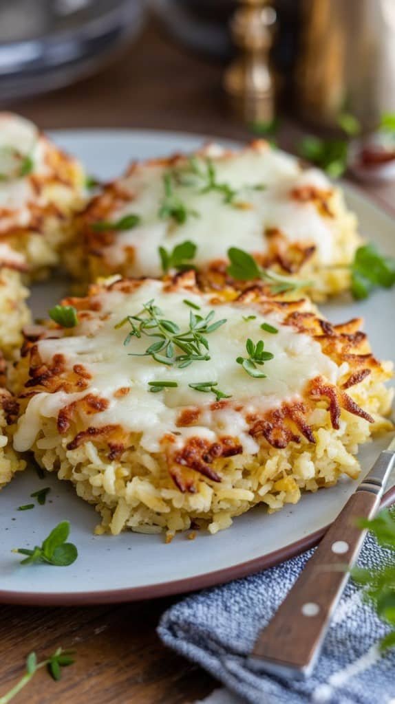 Golden-brown rice patties topped with melted cheese and fresh herbs rest on a plate. A cozy, rustic ambiance is enhanced by a wooden table setting.