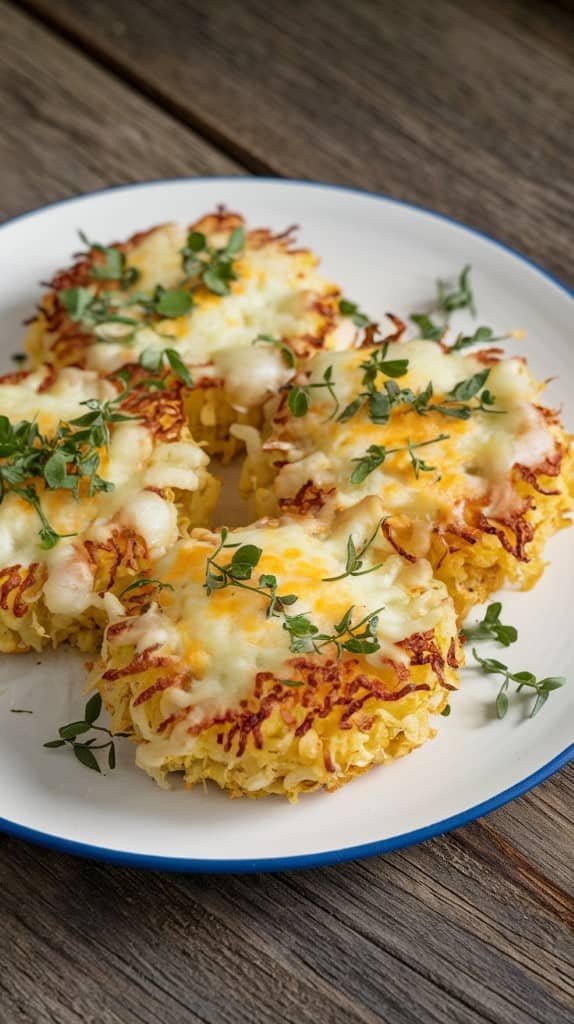 Four cheesy cauliflower hash browns topped with fresh herbs sit on a white plate with a blue rim, placed on a rustic wooden table.