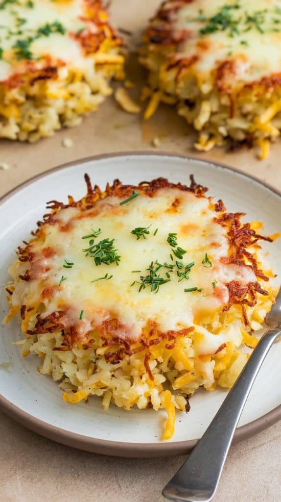 Close-up of crispy cauliflower hash browns topped with melted cheese and fresh herbs on a white plate. The dish looks savory and appetizing.