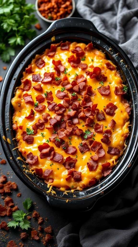 A delicious cheesy bacon casserole made in a crockpot.