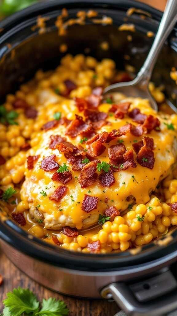 A bowl of Cheesy Bacon Chicken with melted cheese and crispy bacon on top.
