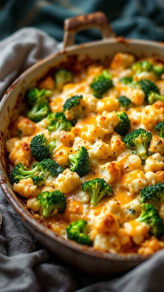 A comforting dish of cheesy broccoli and cauliflower bake, perfect for keto dinners.