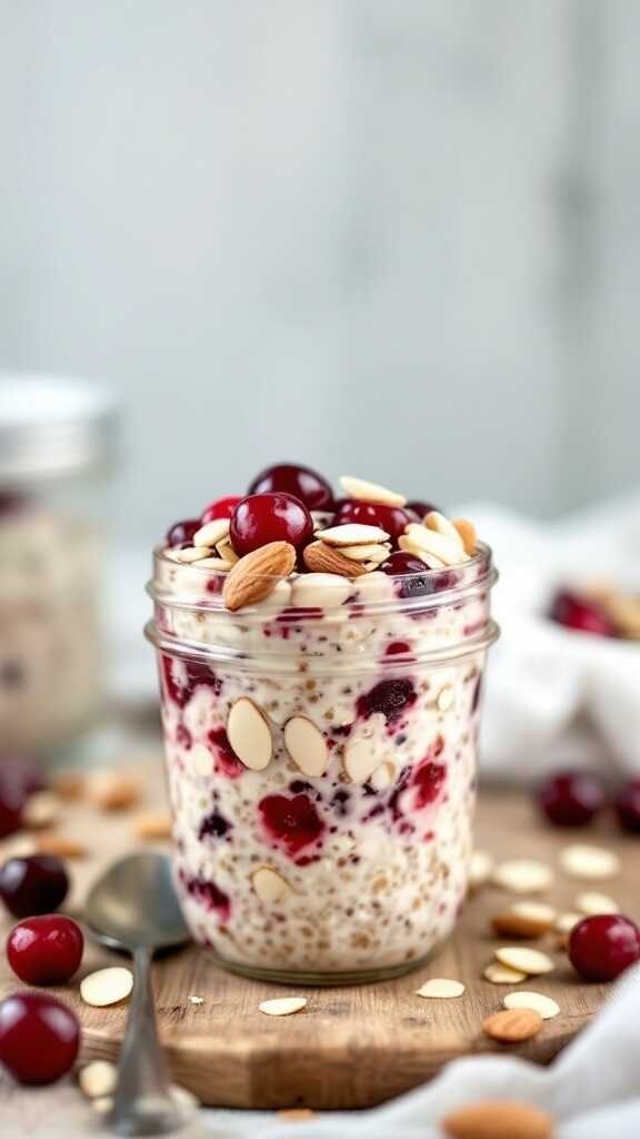 A jar of cherry almond overnight oats topped with cherries and sliced almonds.