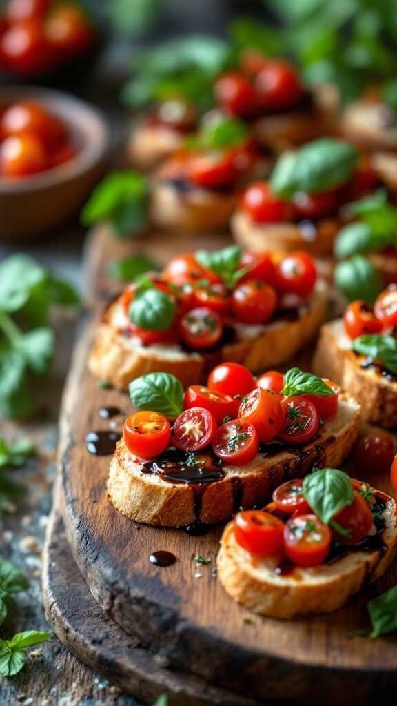 A delicious platter of cherry tomato bruschetta topped with fresh basil.