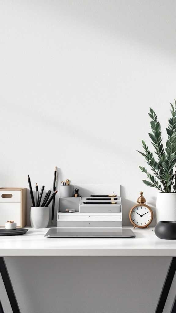A chic home office setup featuring stylish desk accessories including a clock, organizers, and plants.