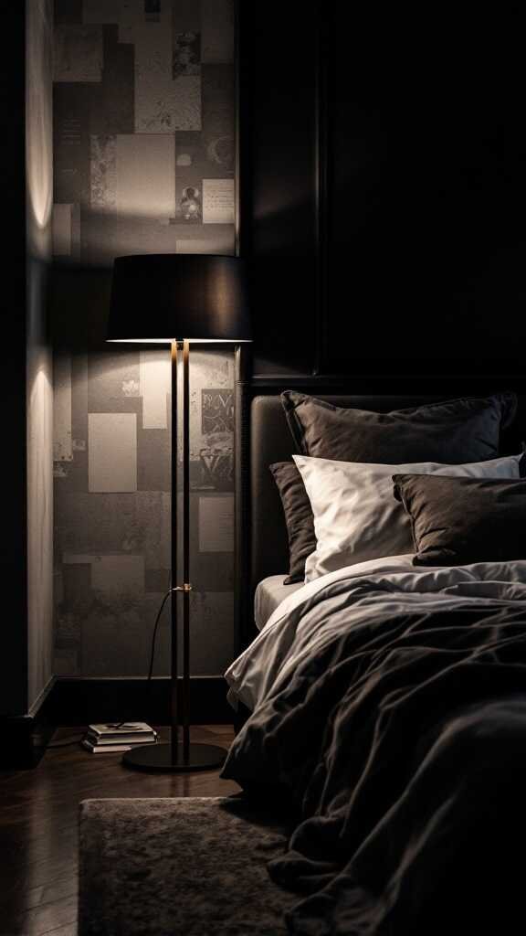 A dark, moody bedroom with a stylish floor lamp beside a neatly made bed