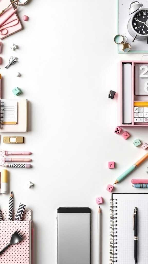 A collection of colorful and stylish office supplies arranged on a clean surface.