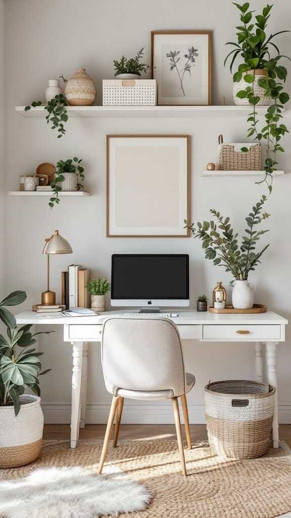 A stylish home office with a white desk, computer, plants, and organized shelves.