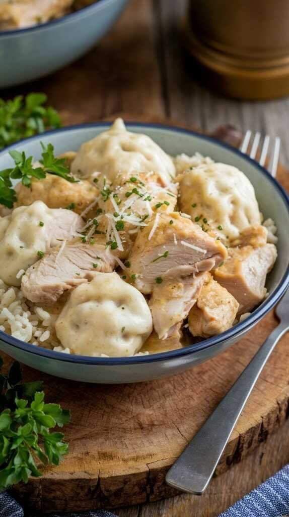 A bowl of chicken and dumplings with fluffy dumplings and pieces of chicken in a rich broth.