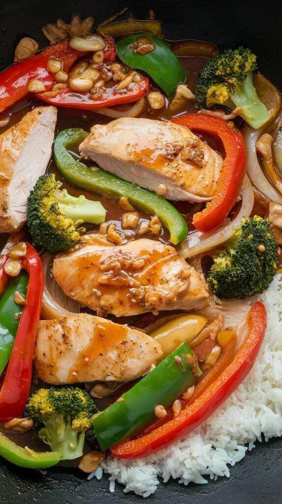 A vibrant plate of chicken and vegetable stir-fry with colorful ingredients.