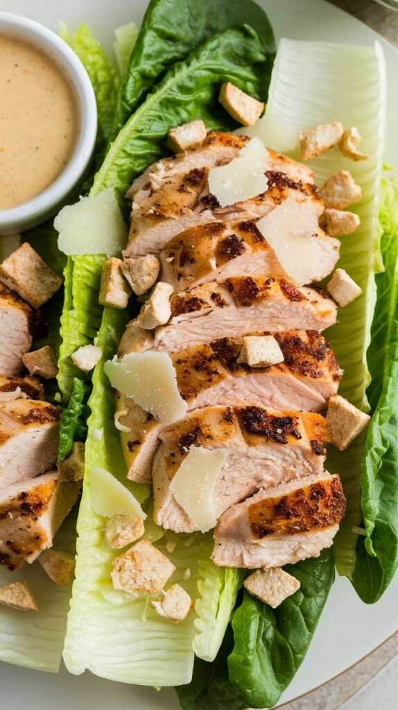 A delicious Chicken Caesar Salad with sliced chicken, croutons, and fresh lettuce.