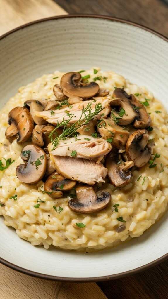 A bowl of creamy chicken and mushroom risotto garnished with mushrooms and cilantro.