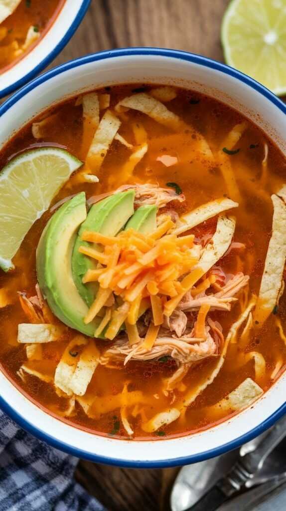 A bowl of Chicken Tortilla Soup with avocado and tortilla strips on top.