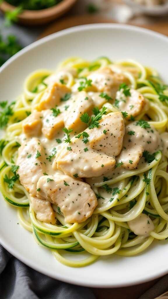 A plate of Chicken Alfredo with zucchini noodles, garnished with parsley.