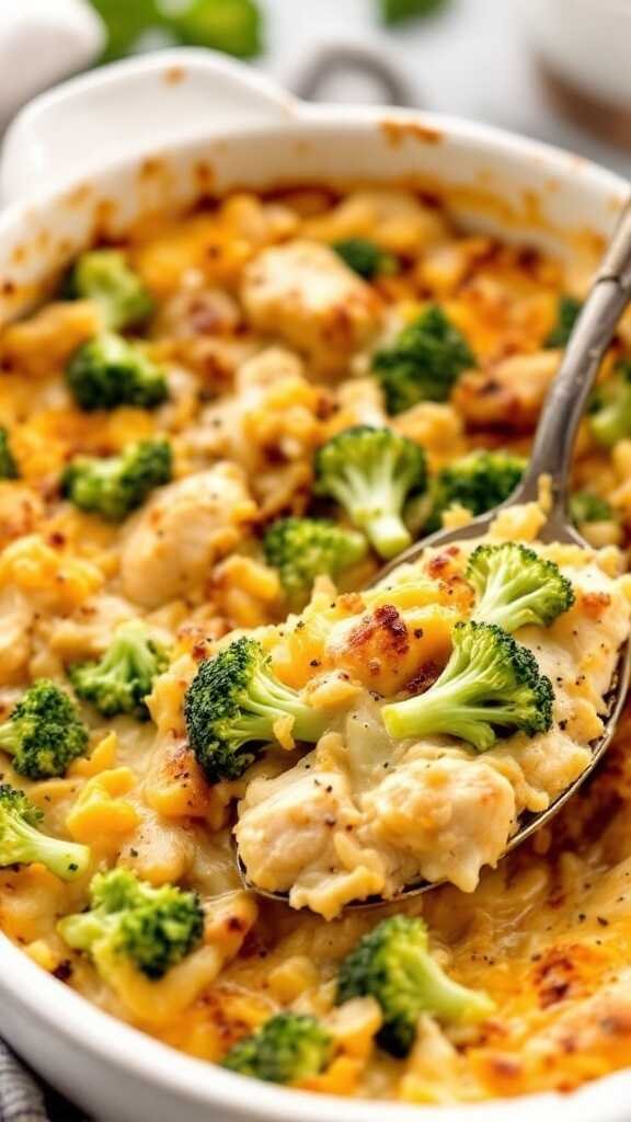 A delicious chicken and broccoli casserole, golden brown and cheesy.