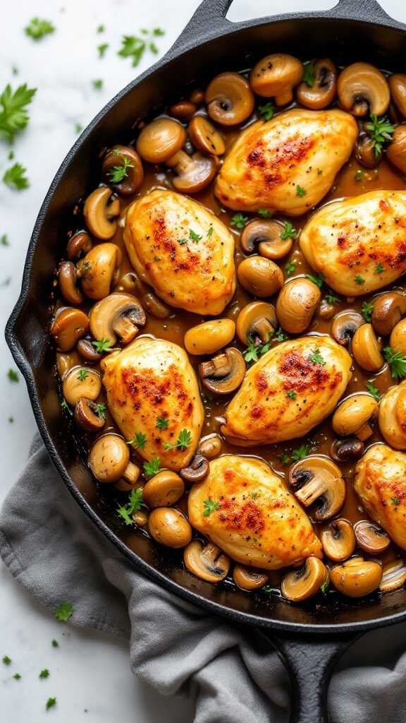 A skillet filled with chicken breasts and mushrooms