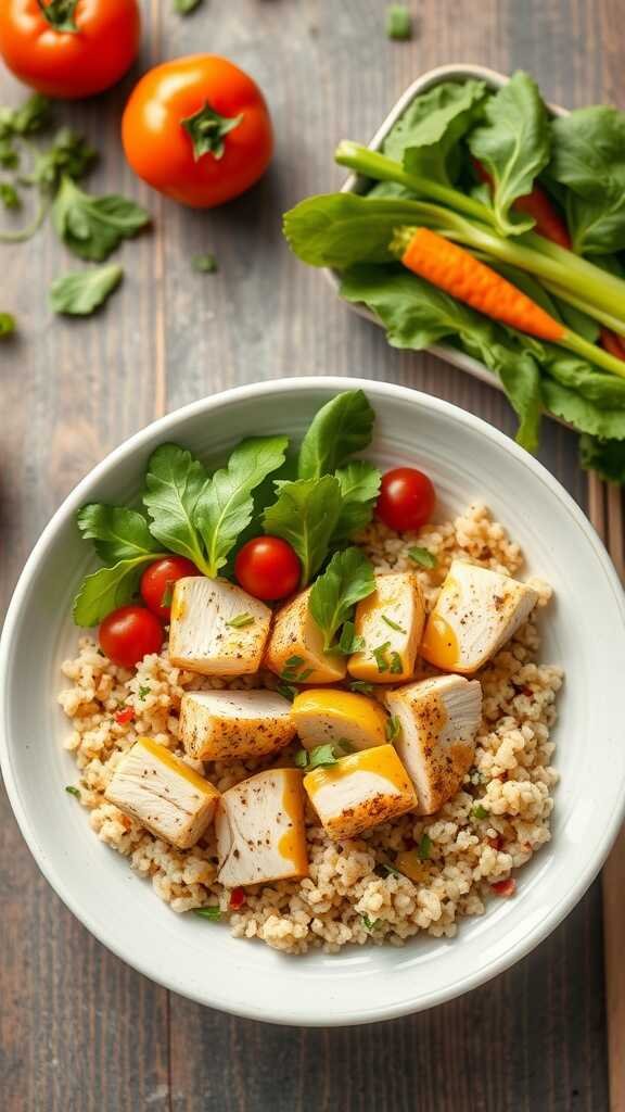 A healthy chicken and quinoa bowl with colorful vegetables.