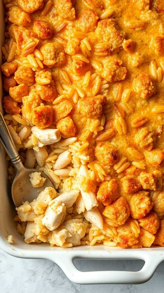 A delicious chicken and rice casserole with a golden topping.