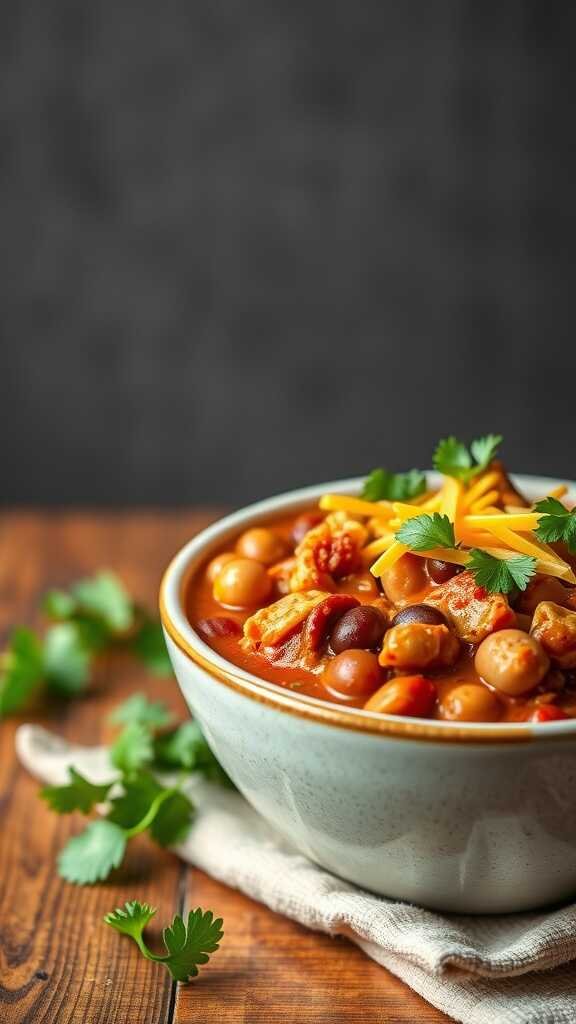 A bowl of chicken chili with beans, topped with cheese and cilantro.