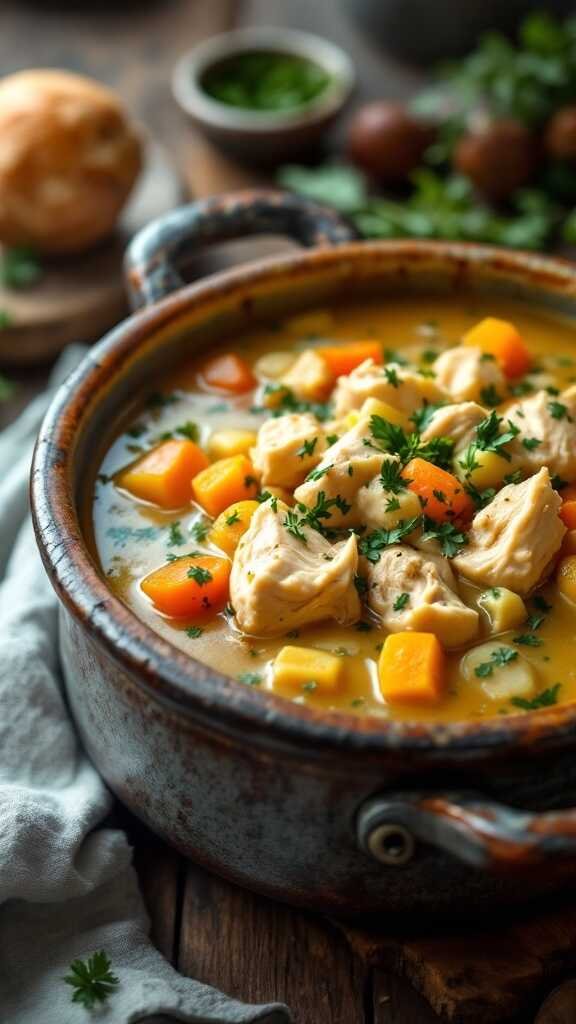 A delicious bowl of chicken chowder filled with vegetables