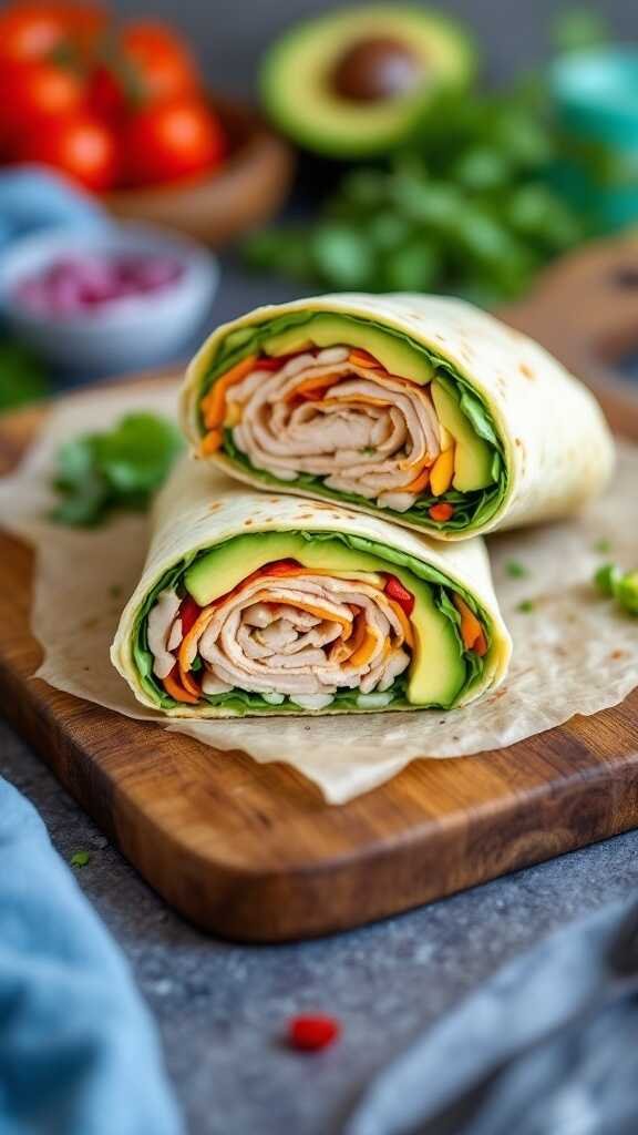 Chicken deli meat and avocado wrap with vegetables