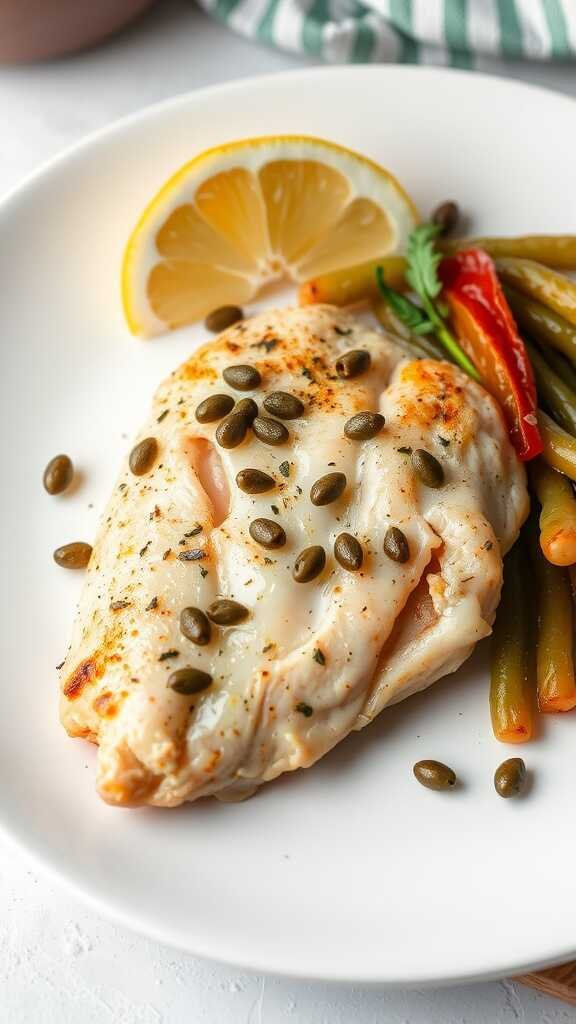 A plate of Chicken Piccata with capers, lemon slices, and green beans.