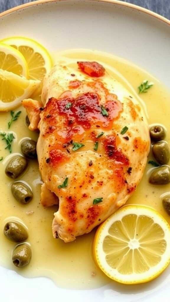 A delicious serving of Chicken Piccata with Lemon Sauce garnished with capers and lemon slices.