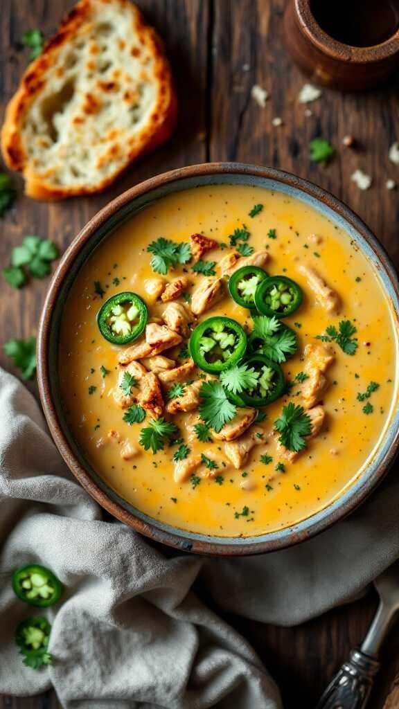 A bowl of creamy Chicken Queso Soup topped with chicken pieces, jalapeños, and cilantro.