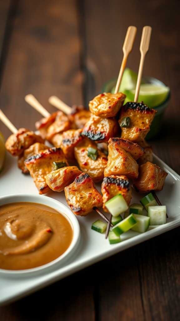 Delicious chicken satay skewers served with a peanut sauce and fresh vegetables.