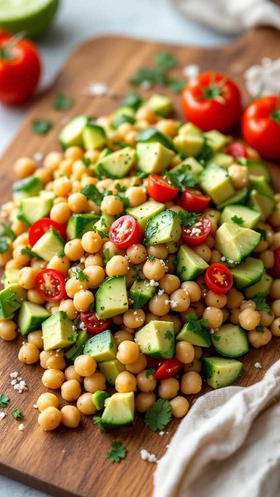 Chickpea and avocado salad on a wooden board with fresh vegetables.