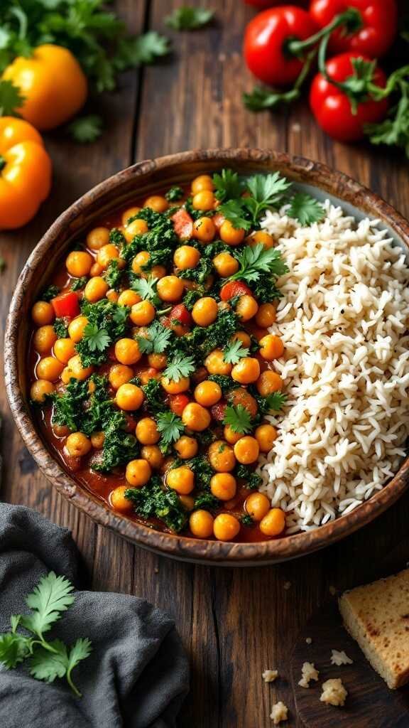 A bowl of chickpea and kale curry served with rice, garnished with cilantro.