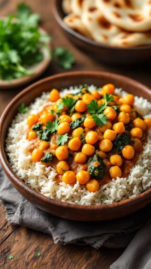 A bowl of chickpea and spinach curry served over rice with fresh cilantro.