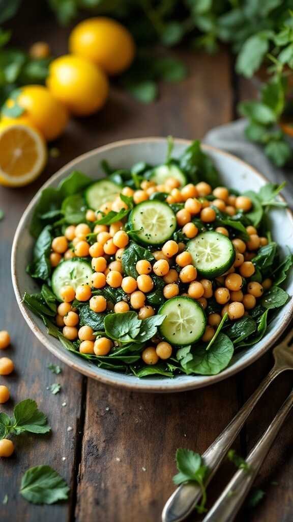 Chickpea and Spinach Salad with cucumbers and chickpeas