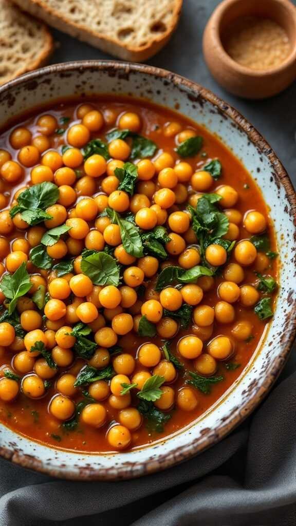 A bowl of chickpea and spinach stew garnished with fresh herbs.