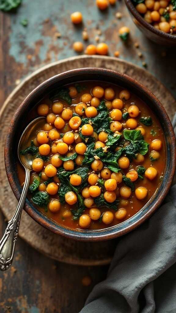 A bowl of chickpea and spinach stew