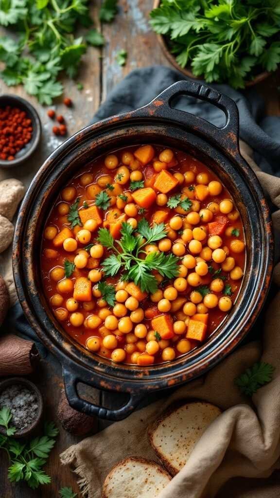 A delicious chickpea and sweet potato stew in a crockpot, garnished with fresh cilantro.