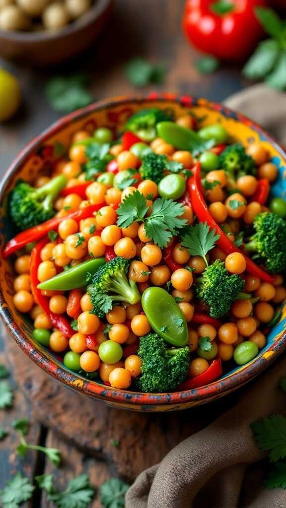 A bowl of chickpeas and colorful vegetables stir-fry.