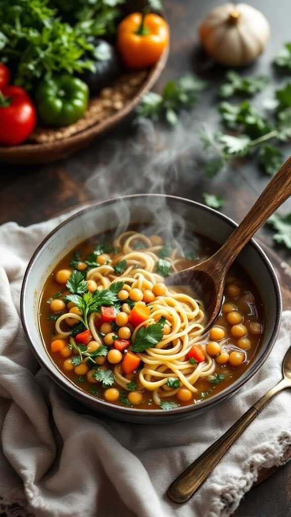 A bowl of steaming chickpea noodle soup with fresh vegetables and herbs.