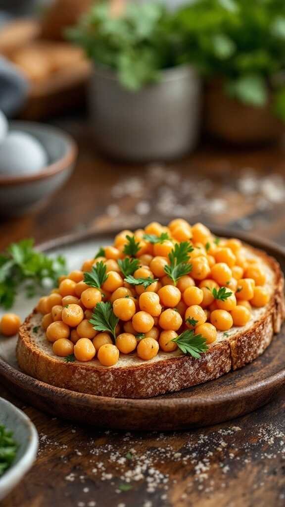 Chickpea salad served on toasted bread with fresh parsley.