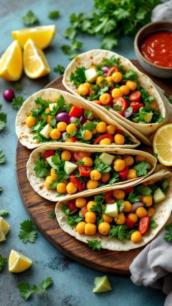 Chickpea salad wraps with fresh vegetables and herbs