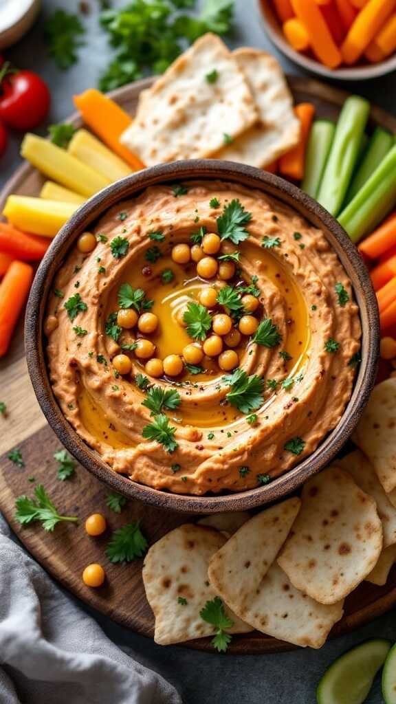 Chickpea Shawarma Dip served with pita and assorted vegetables