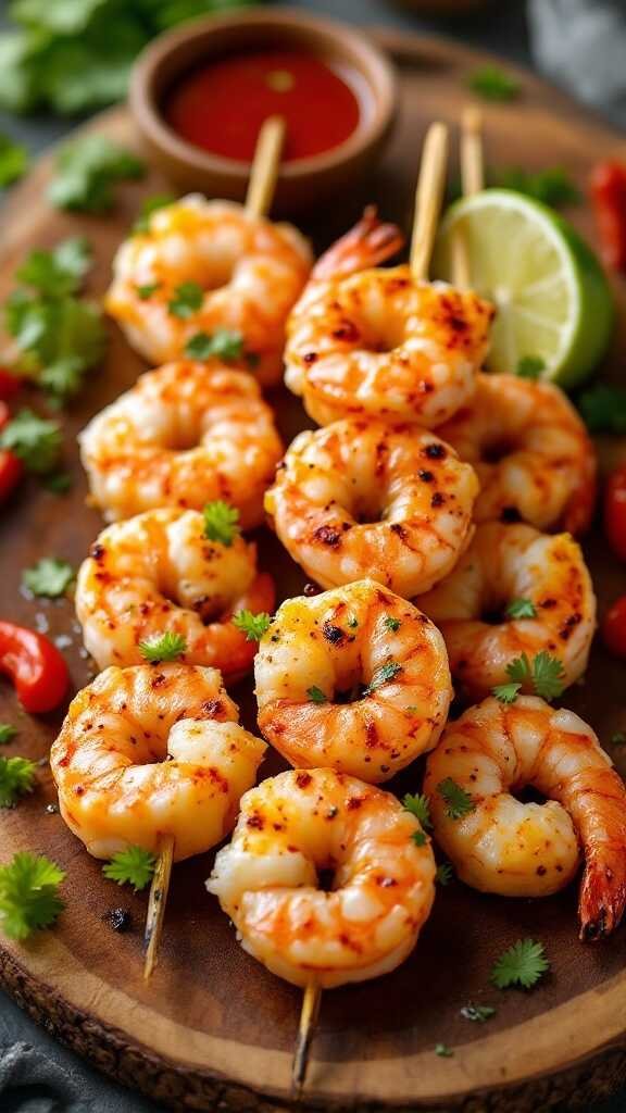 Chili lime grilled shrimp skewers with cilantro and lime