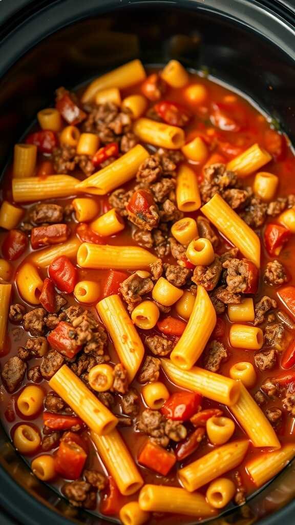 A bowl of chili mac with ground beef and pasta, garnished with fresh herbs.