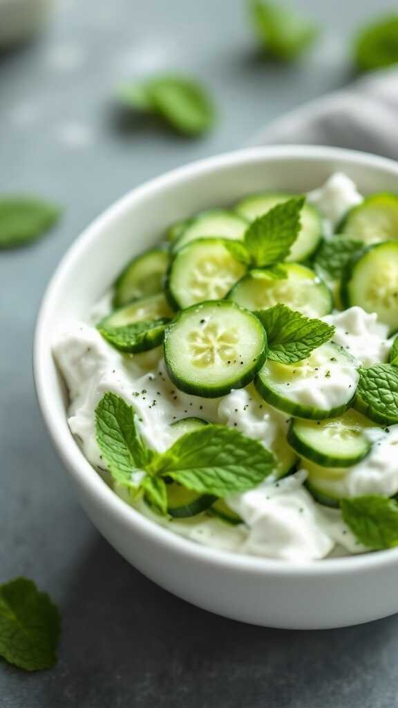 A bowl of chilled cucumber and yogurt salad garnished with mint leaves.