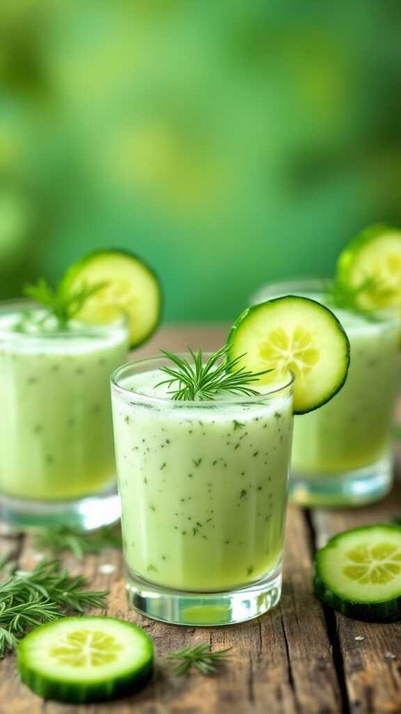 Chilled cucumber soup shots served in clear glasses with cucumber slices and dill on top