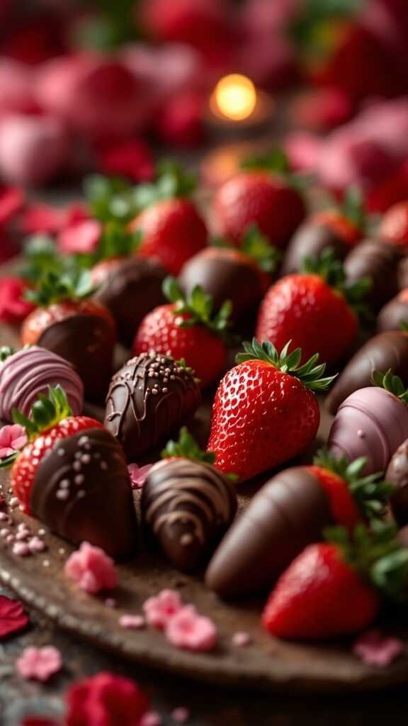 A delicious platter of chocolate-covered strawberries, perfect for Valentine's Day.